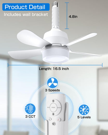 Eonini 2-in-1 Socket Fan Light with Remote, Small Ceiling Fans with Lights, 3 Colors Dimmable LED Light Bulb Fan, 1000LM, Easy Install Screw-in E26 Base for Bedroom Kitchen Garage Living Room