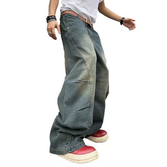 DFGIGT Men's Irregular Sutures Y2k Hip Hop Baggy Jeans Wide Leg Denim Pants Casual Loose Fit Trousers Streetwear Jinco 2000s Extreme Relaxed Skater Skateboard Nostalgia Retro,A11 Blue,Large