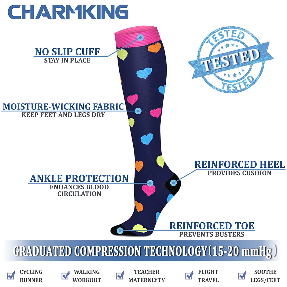 CHARMKING Compression Socks for Women & Men (8 Pairs) 15-20 mmHg Graduated Copper Support Socks are Best for Pregnant, Nurses - Boost Performance, Circulation, Knee High & Wide Calf (L/XL, Multi 23)