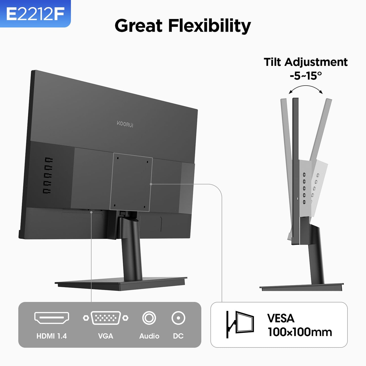 KOORUI 22 Inch Computer Monitor Full HD 1080P 100Hz PC Gaming Screen VA Panel Ultra-Slim Display 3000:1 Contrast Ratio with Adpitive Sync (HDMI/VGA/VESA Compatible 100x100mm/Audio Out), Tilt, Black