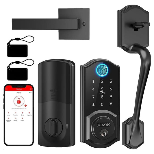 Smart Lock Front Door, SMONET Keyless Entry Door Lock with Handle, Smart Front Door Lock Set Fingerprint Smart Deadbolt Bluetooth Electronic Digital Keypad Lock, Auto Lock Work with Alexa, Black