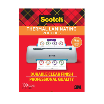 Scotch Thermal Laminating Pouches, 100 Count, Clear, 5 mil, Laminate Business Cards, Small Banners, Essays, Office or School Supplies, Fits Letter Size 8.9x11.4 in Paper