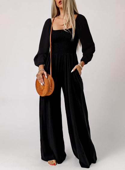 Dokotoo Loose Jumpsuits for Women Overalls Oversized Solid Color Wide Leg One Piece Long Sleeve jumpsuit Long Pant Romper with Pockets 2025 Fashion Black Large