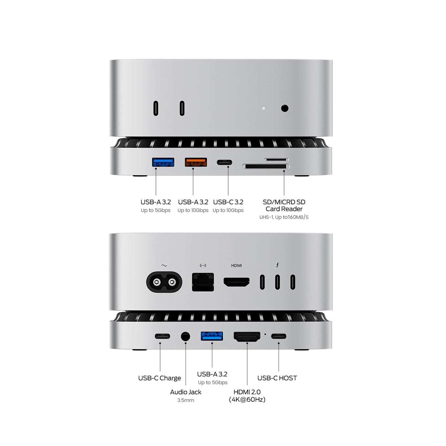 Mac mini M4 Dock, Aluminum Stand and HDMI Hub for Mac mini M4 and M4 Pro 2024 with M.2 NVMe/SATA SSD Enclosure, 4K60Hz HDMI,10G USB A/C, 5G USB A*2, USB-C Charge, SD/TF, Audio