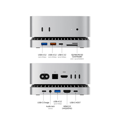 Mac mini M4 Dock, Aluminum Stand and HDMI Hub for Mac mini M4 and M4 Pro 2024 with M.2 NVMe/SATA SSD Enclosure, 4K60Hz HDMI,10G USB A/C, 5G USB A*2, USB-C Charge, SD/TF, Audio