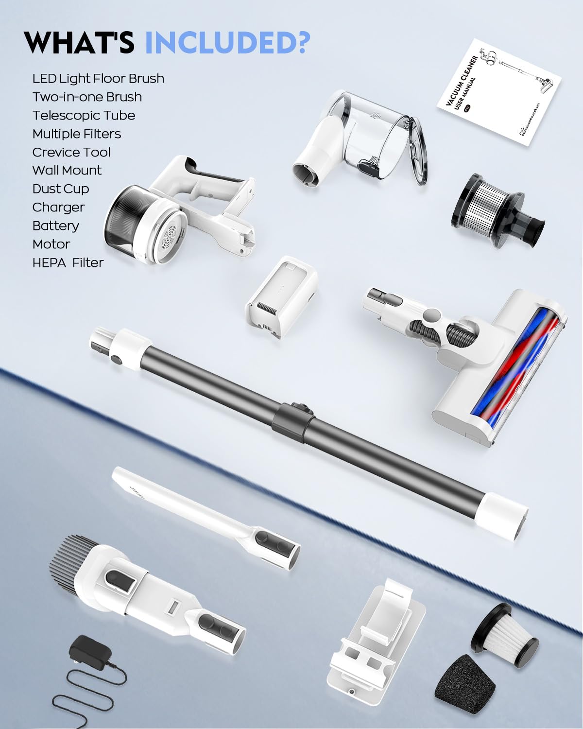 Comvtu Cordless Vacuums, 80,000PRM Powerful Motor Vacuum Cleaner and 2200mAH Rechargeable Battery up to 35 Mins Worktime, 2 Adjustable Modes, Detachable Parts, Wireless Stick Vacuum (Sliver White)