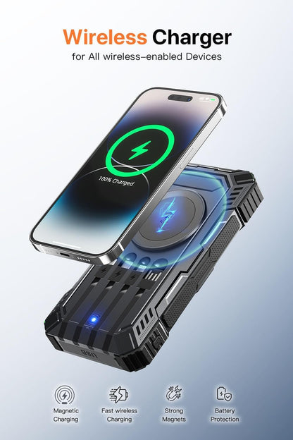 jskei Power Bank 49800mAh Solar Portable Charger Wireless Charging USB-C 15W Fast Charging with 4 Built-in Cables LED Flashlight Battery Pack Compatible with iPhone, iPad, Galaxy, Perfect for Camping