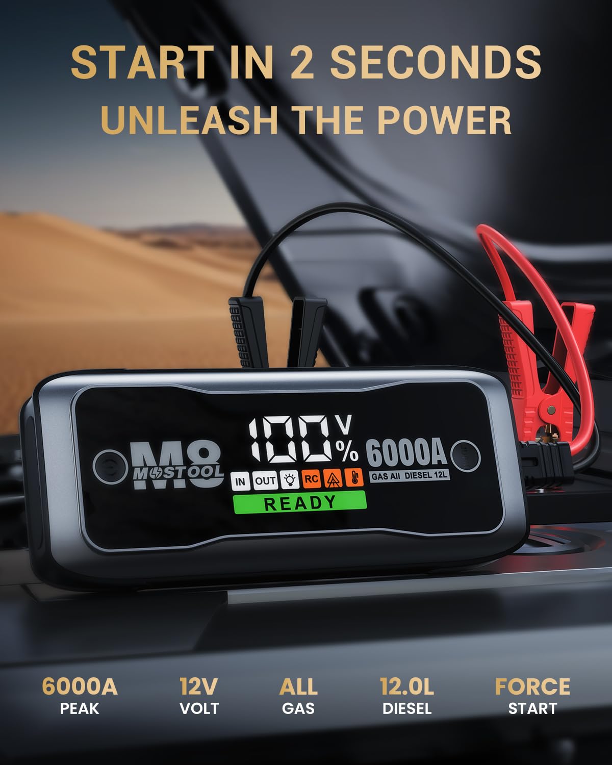 MOSTOOL 6000A Car Battery Jumpstarter,12V Portable Auto Jumper Starter Battery Pack,Car Jump Box with LED Display,Portable Charger & Jumper Cables for All Gas Engines & Up to 12.0L Diesel Engines (M8)
