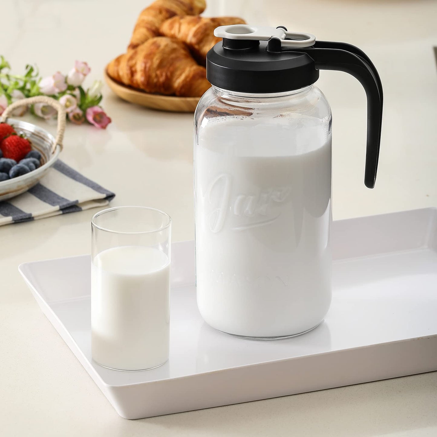 AOZITA 64 oz Glass Pitcher with Lid - 2 Quart Mason Jar Pitcher with Filter Lid, Wide Mouth Jar Leak-proof Water Jug, Heavy Duty Glass Container for Water, Juice, Milk, Tea, Iced Coffee, and Drinks