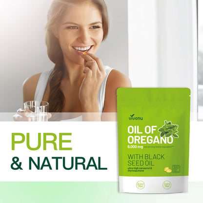 VivoNu Oil of Oregano Capsules | 6000mg Oil of Oregano with Black Seed Oil Softgels | Organic Wild Harvest Oregano | aceite de Oregano Pill| Non-GMO | Gluten Free Formula