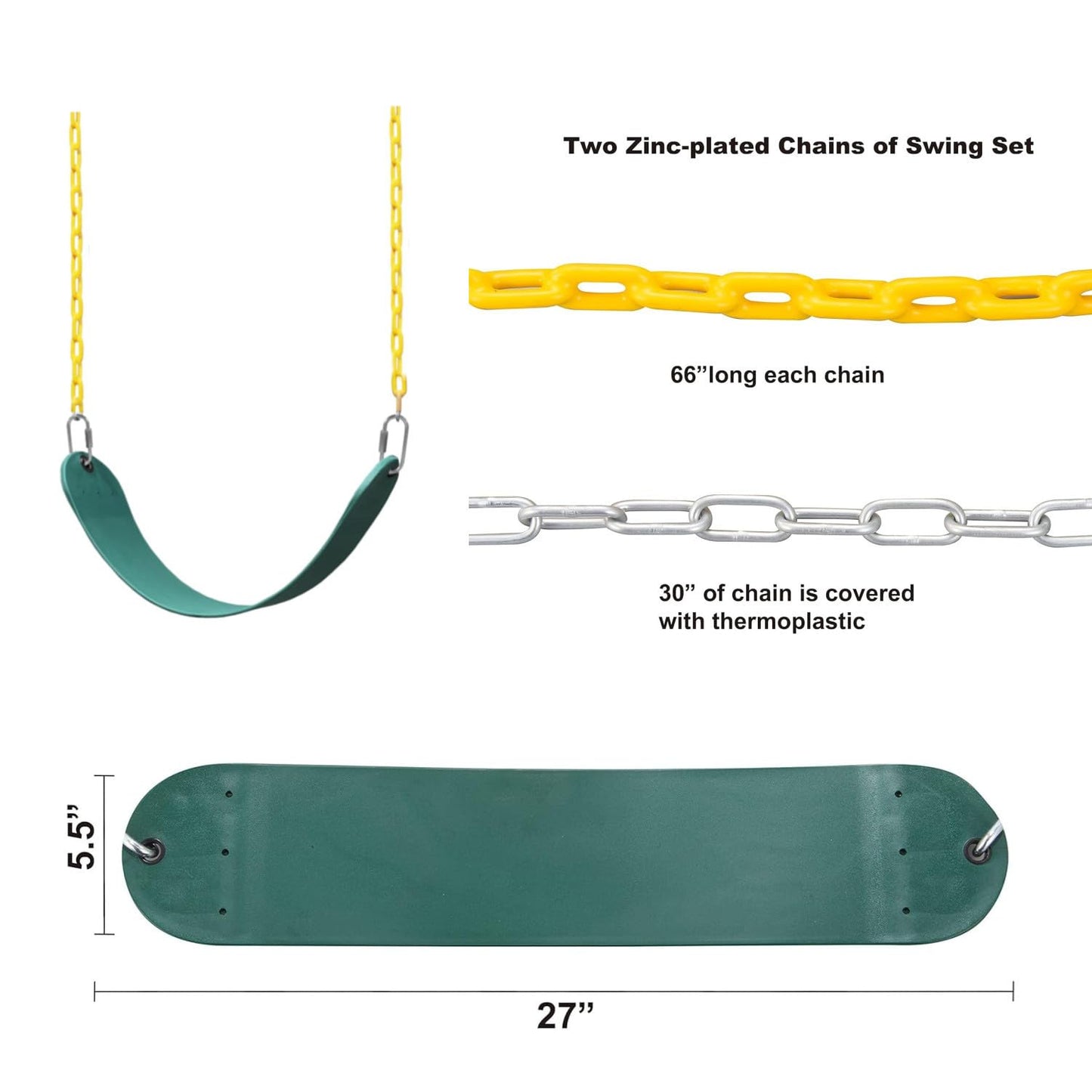 ABUSA Heavy Duty Swing Sets Brackets Including 2 Green A-Frame Swing Set Brackets 1 Swing Seat 1 Ring Trapeze Bar and 4 Swing Hangers for Playground Equipment Mounting Parts Hardware Included