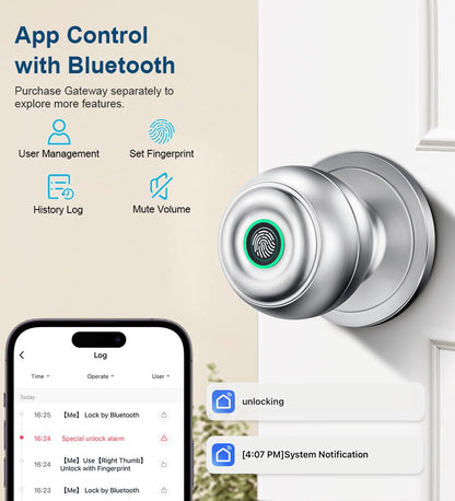 KLLOQUE Fingerprint Door Lock, Smart Fingerprint Door Knob with Lock, Biometric Door Locks with App Control & Key, Keyless Thumbprint Entry Door Locks for Bedroom, Front Door, Home, Apartment-Silver