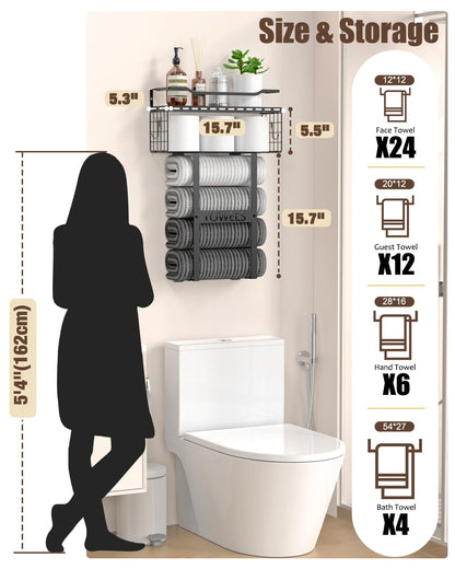 Wall Mounted Towel Rack for Bathroom - Bath Storage Holder Set Above Toilet, Rolled Towel Shelf Organizer, Wood Vertical Rack for Small Bathroom Decor, Black
