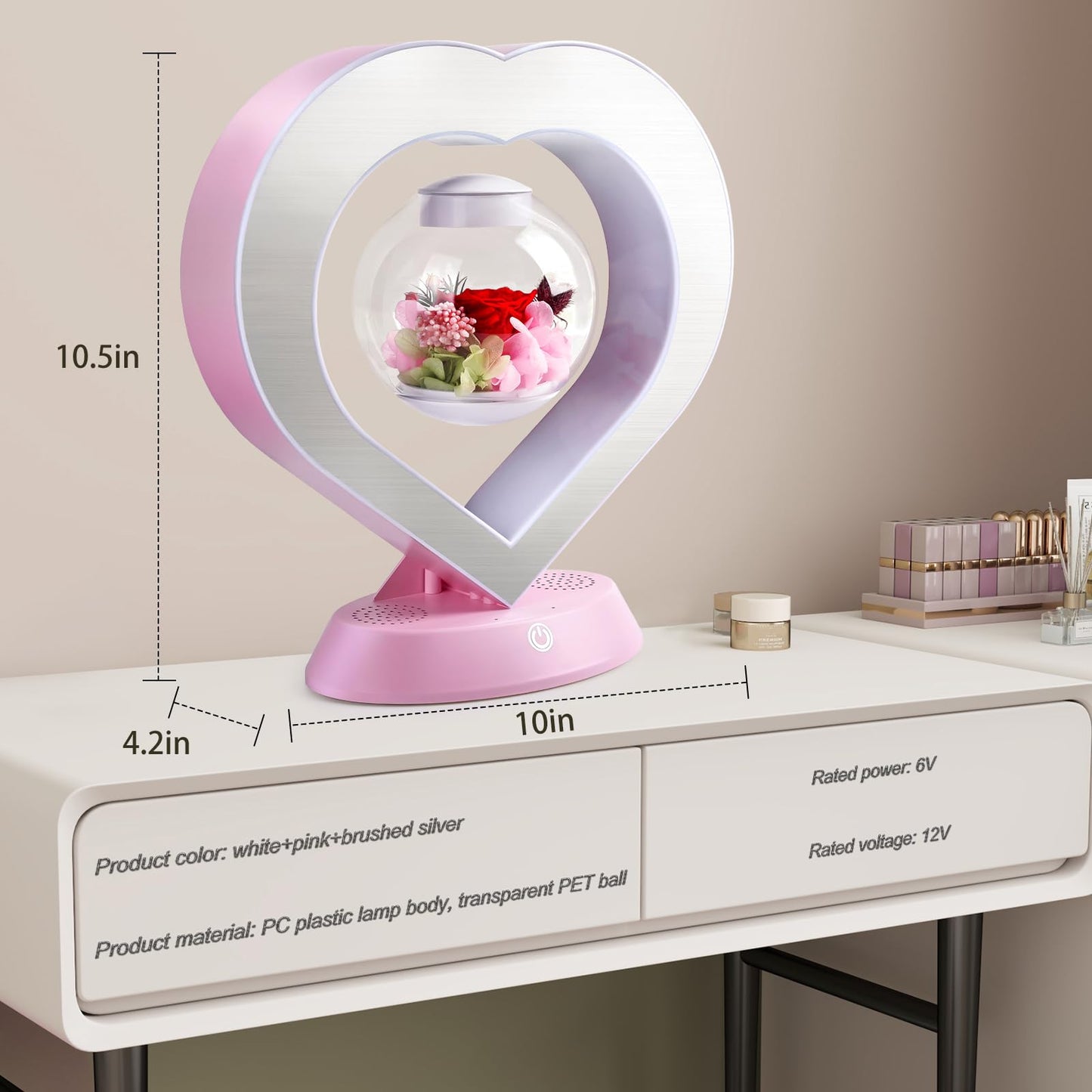 LoveLin Heart Preserved Rose Flowers with Bluetooth Speakers, 5W Pink Magnetic Levitation Table Lamp with Variable Color LED Light, Unique Forever Flower Gift for Women, Girls, Mother and Grandma