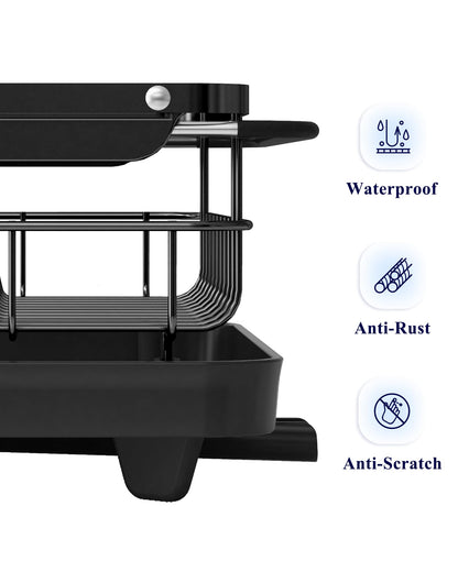 Kitsure Dish Drying Rack for Kitchen Counter, Stainless Steel Sink Organization and Storage Essentials with Cutlery Holder, Home and Appartment Decor, 12''W x 15''~23''L, Black
