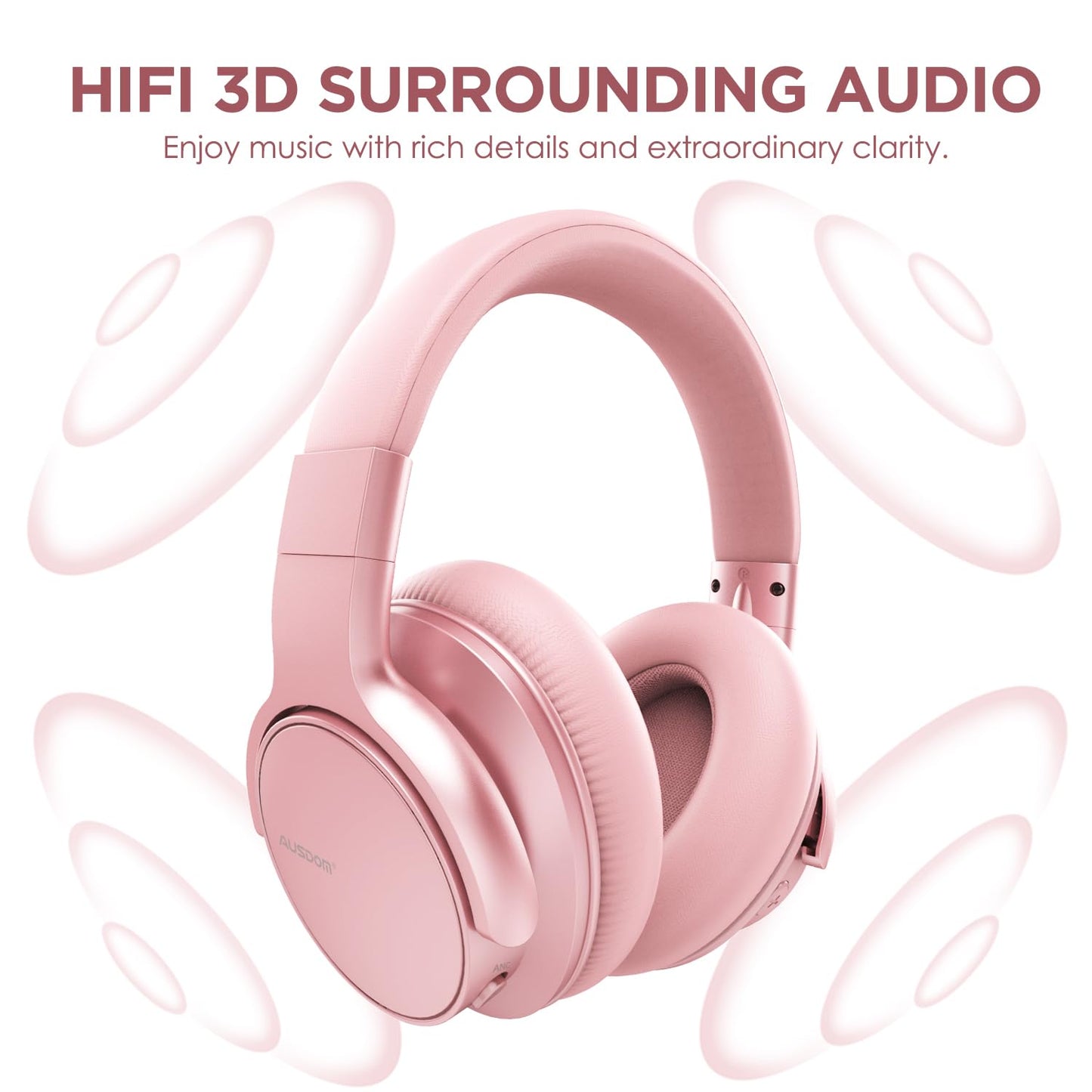 AUSDOM E7 Bluetooth 5.0 Active Noise Cancelling Headphones, Wireless Over Ear ANC with Microphone, Hi-Fi Stereo Sound, 50H Playtime, Comfortable Earpads for Travel Work TV Phones, Rose Gold