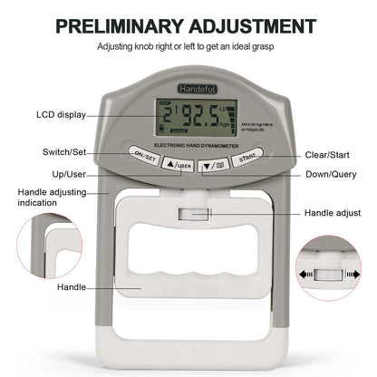 Handeful Grip Strength Tester, Hand Grip Dynamometer (198Lbs / 90Kgs), Electronic Handgrip Testing for Sports Home School Use