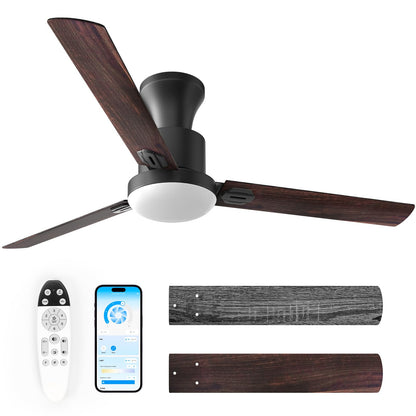 Obabala Ceiling Fans with Lights, 42 inch Flush Mount Ceiling Fan with Light and Remote Control & APP Reversible Dimmable Noiseless Ceiling Fan for Bedroom Indoor/Outdoor