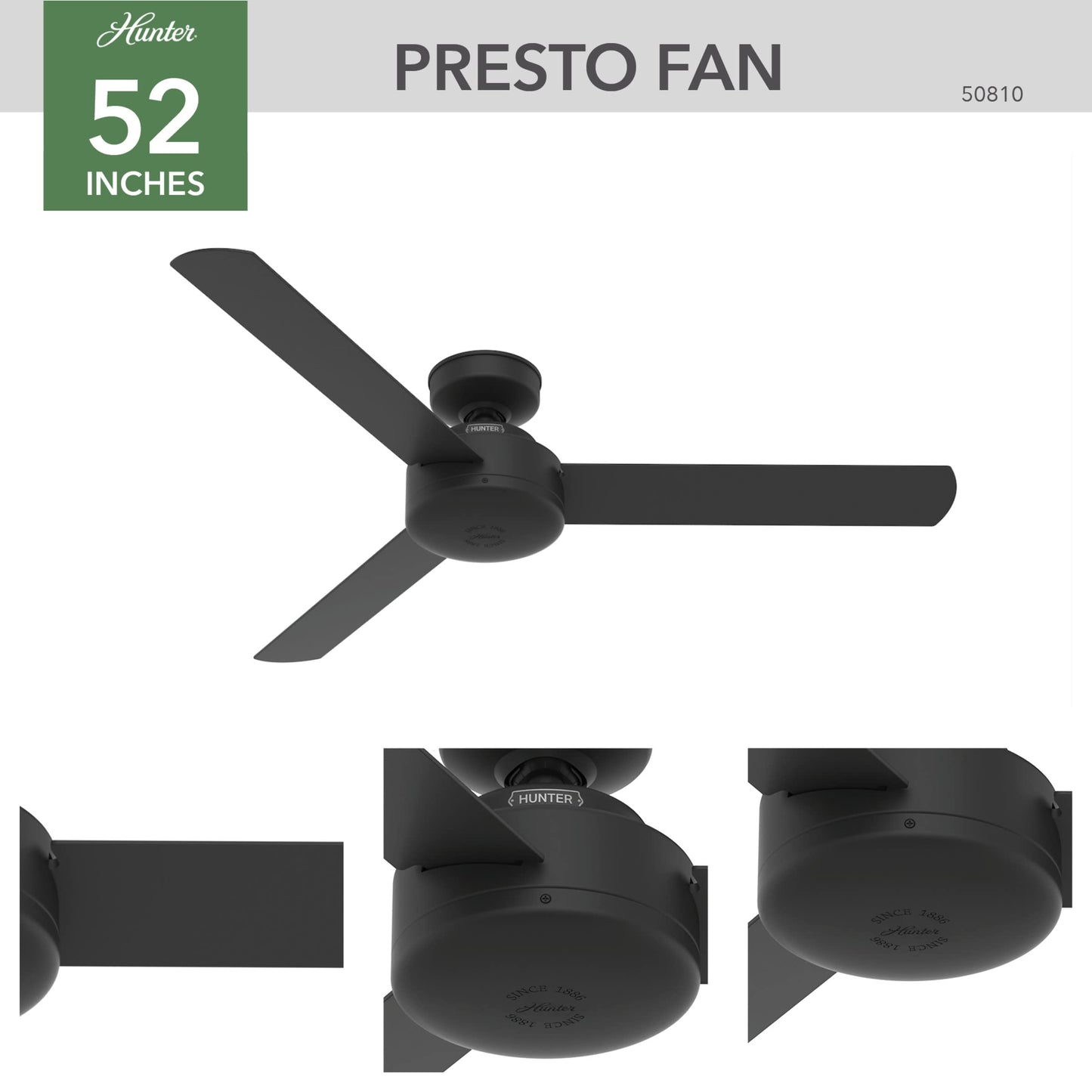 Hunter Fan Presto Ceiling Fan with Wall Control, Modern, Matte Black Finish, 52 Inch