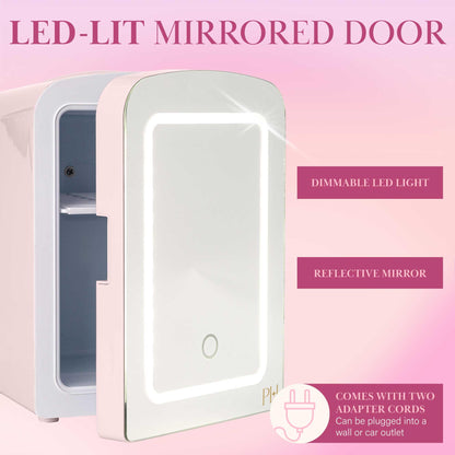 Paris Hilton Mini Refrigerator and Personal Beauty Fridge, Mirrored Door with Dimmable LED Light, Thermoelectric Cooling and Warming Function for All Cosmetics and Skincare Needs, 4-Liter, Pink