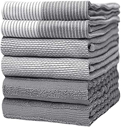 Premium Kitchen Towels (20x28, 6 Pack) | Large Cotton Dish Towels | Flat & Terry Highly Absorbent Kitchen Linen Set with Hanging Loop | Gray