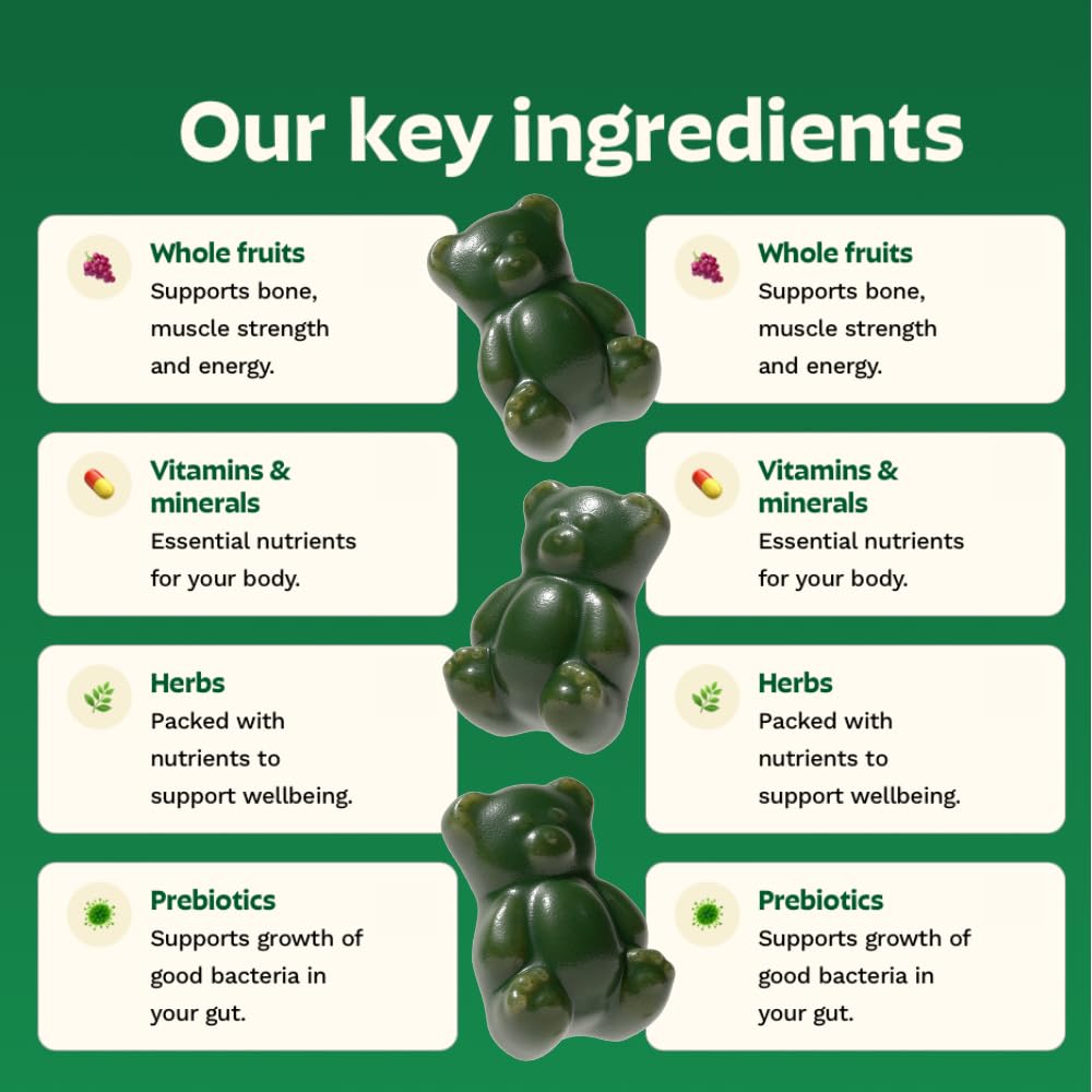 Gruns Adults Super Greens Multivitamin Gummies, Superfood Vitamin Gummy Bears with Spirulina, Chlorella, Prebiotic Fiber for Digestive Health, Adaptogens Supplement, 20 Vitamins & Minerals, 28 Count