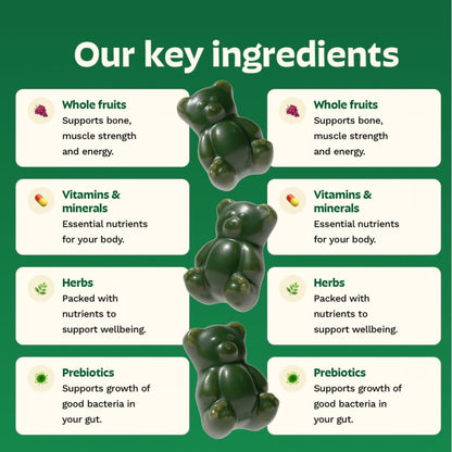 Gruns Adults Super Greens Multivitamin Gummies, Superfood Vitamin Gummy Bears with Spirulina, Chlorella, Prebiotic Fiber for Digestive Health, Adaptogens Supplement, 20 Vitamins & Minerals, 28 Count