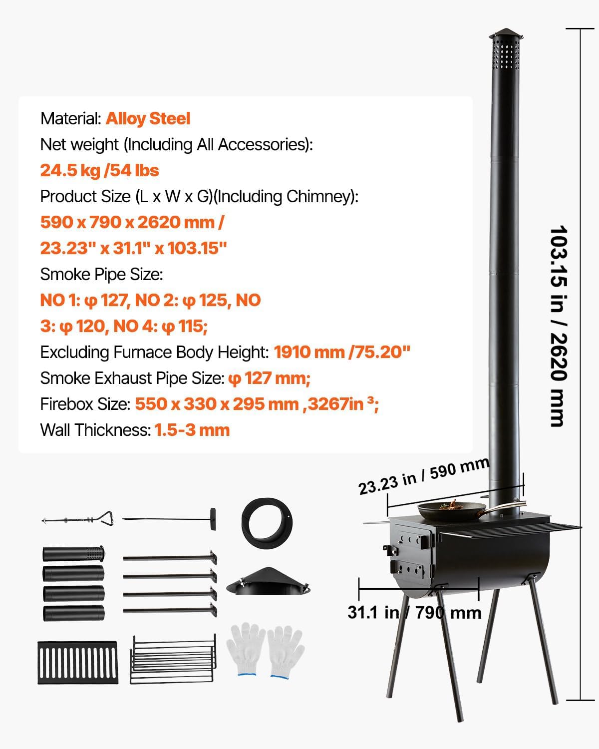 VEVOR 118" Camping Wood Stove, Portable Alloy Steel Tent Stove with 3000in³ Firebox, Outdoor Heating & Cooking Stove with Chimney Pipes & Gloves, Includes 8 Pipes for Efficient Heating