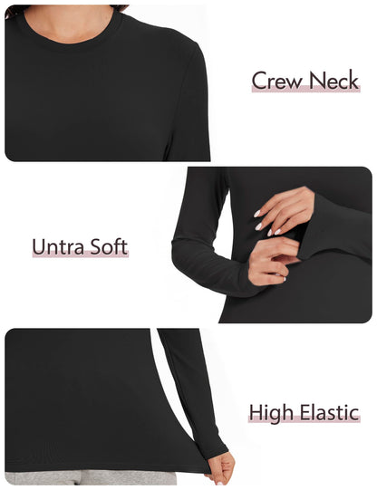Kinglaman 5 Pack Womens Basic Long Sleeve Shirts Crew Neck Slim-Fit Fitted T Shirts Tops Undershirts Underscrub Baselayer 2 Black 2 White 1 Heather Grey Medium