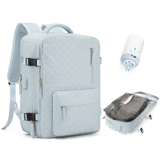 Travel Vacuum Storage Backpack with Air Pump Vacuum Seal Compression Space Saver Bags Clothing Vacpack 18x14x8 inches Travel Bag Carry on Personal item Laptop Work Backpacks Women LightBlue