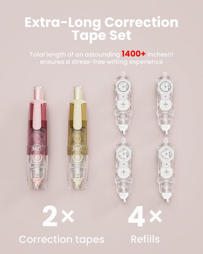 Four Candies Refillable Retractable White Correction Tape, 2PCS White Cute Smooth Push Pull Out Tape with 4 Extra Refills, Aesthetic Pen Shaped Applicator for School Office Supplies (Pink Apricot)