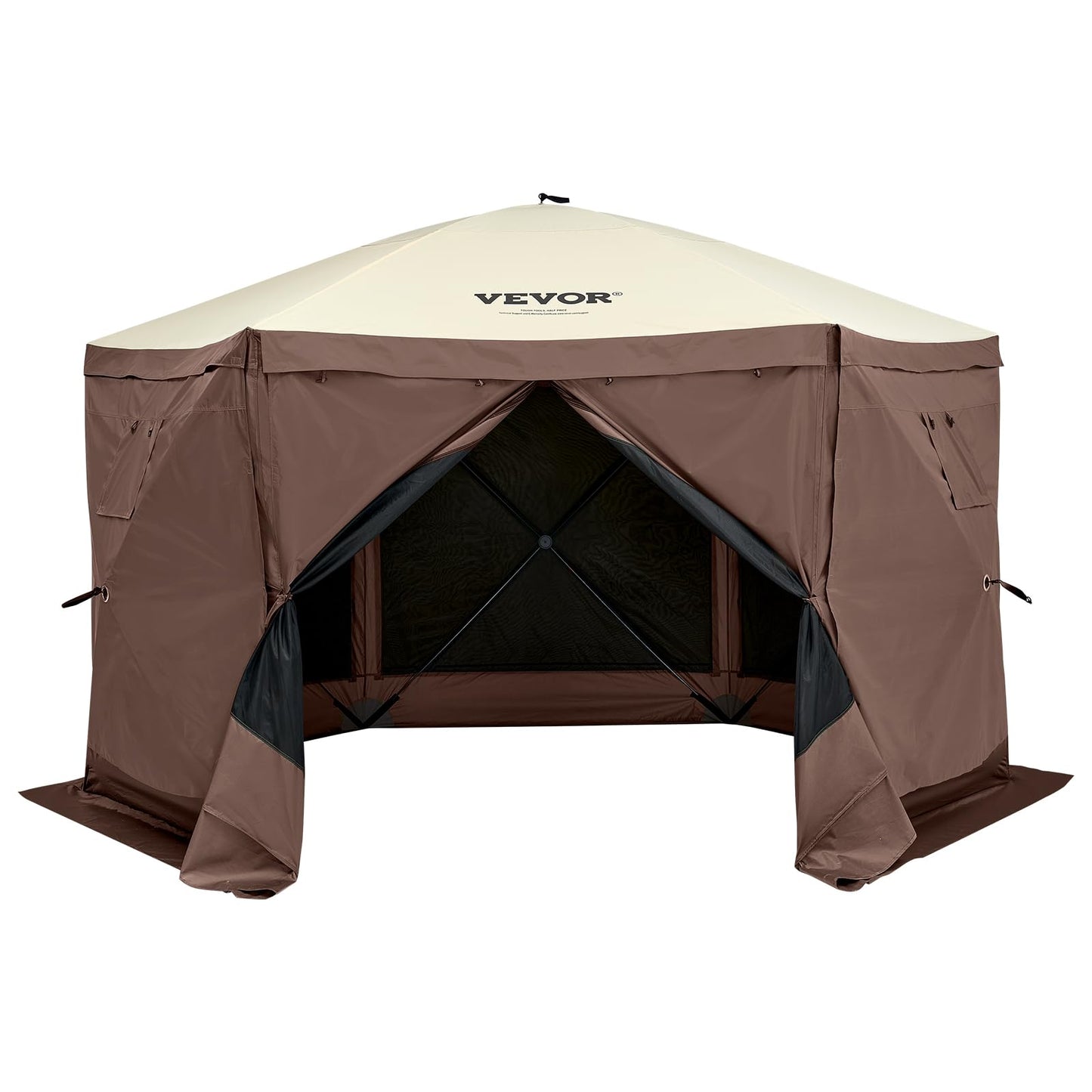 VEVOR Pop Up Gazebo Screen Tent 6 Sided Canopy Sun Shelter with 6 Removable Privacy Wind Cloths & Mesh Windows, 11.5x11.5FT Quick Set Screen Tent with Mosquito Netting, Brown