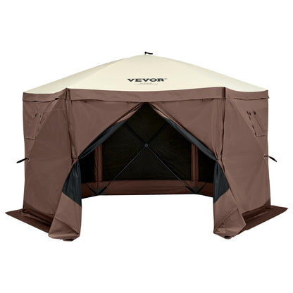 VEVOR Pop Up Gazebo Screen Tent 6 Sided Canopy Sun Shelter with 6 Removable Privacy Wind Cloths & Mesh Windows, 11.5x11.5FT Quick Set Screen Tent with Mosquito Netting, Brown