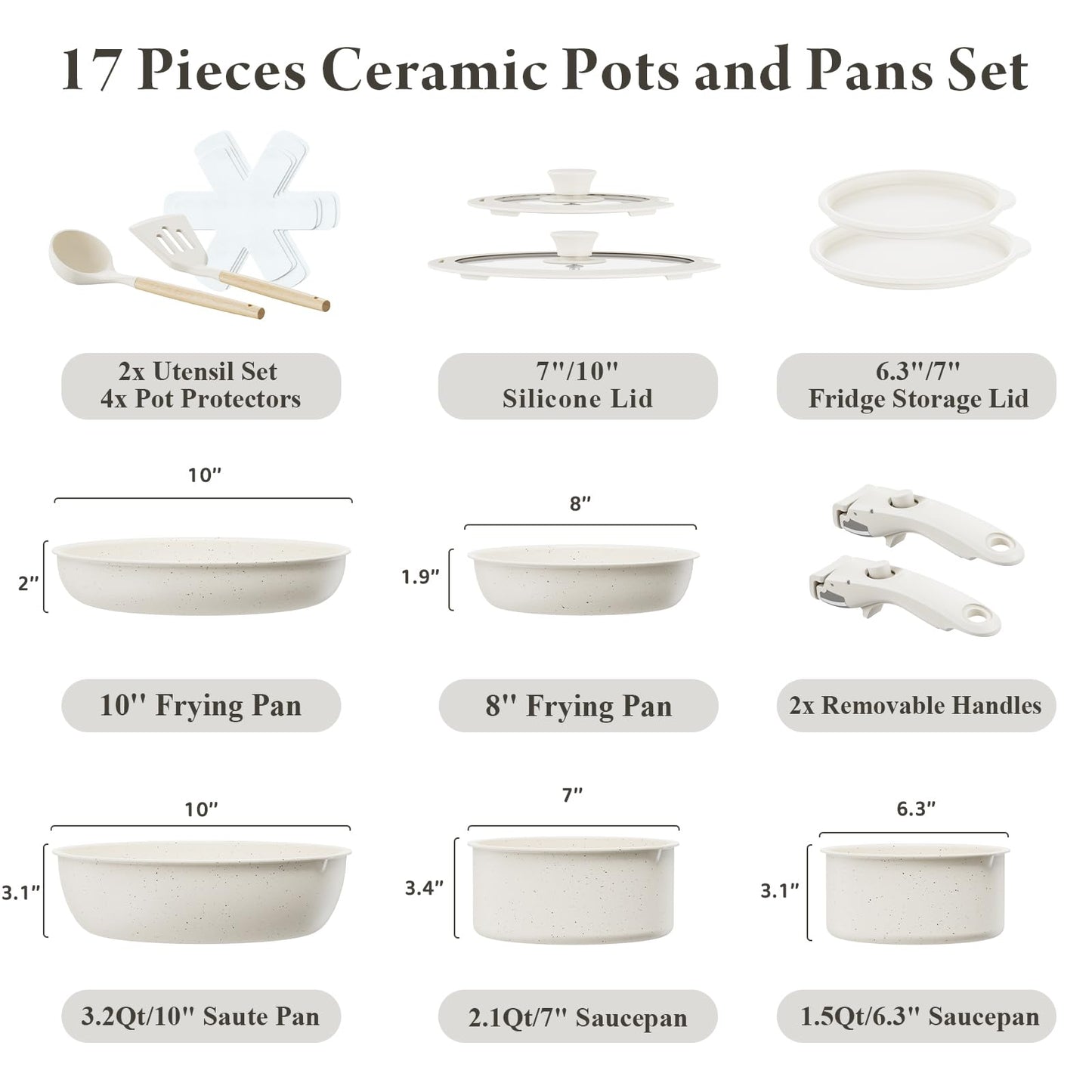 Bazova Ceramic Nonstick Cookware Set, Healthy,Non Toxic,17-Pieces Pots and Pans Set Removable Handles,Induction RV Kitchen Set,Stain & Scratch-resistant,Dishwasher/Oven Safe,PFAS/PFOA Free,Cream White