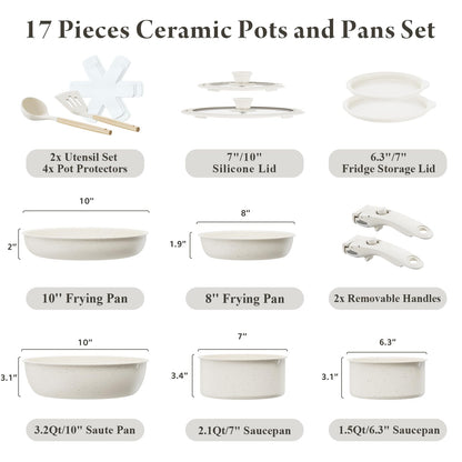 Bazova Ceramic Nonstick Cookware Set, Healthy,Non Toxic,17-Pieces Pots and Pans Set Removable Handles,Induction RV Kitchen Set,Stain & Scratch-resistant,Dishwasher/Oven Safe,PFAS/PFOA Free,Cream White