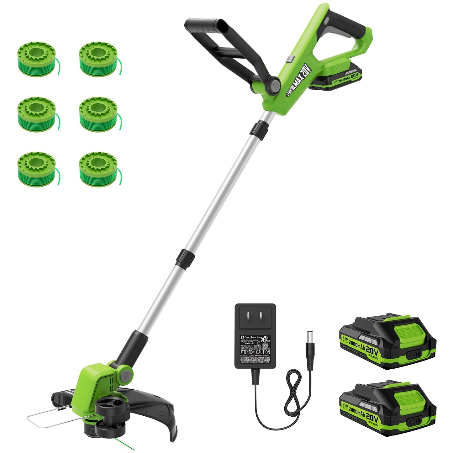 VARSK 20V String Trimmer Cordless, 12 Inch 2 in 1 Trimmer and Edger, Automatic Line Feed, Includes 2 X 2.0Ah Batteries/1 X Fast Charger/6 X Spare Spools, for Lawn, Garden, etc, Green