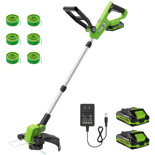 VARSK 20V String Trimmer Cordless, 12 Inch 2 in 1 Trimmer and Edger, Automatic Line Feed, Includes 2 X 2.0Ah Batteries/1 X Fast Charger/6 X Spare Spools, for Lawn, Garden, etc, Green