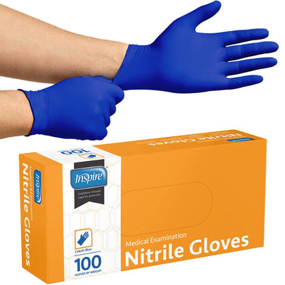 Inspire Cobalt Blue Nitrile Disposable Gloves | 4.5 Nitrile Safety Medical Exam Cooking Cleaning Disposable Chemo Gloves (Blue - Box of 100, Large)