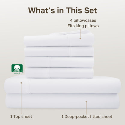 California Design Den 6 Pc King Size Sheet Set with 4 Pillowcases - Soft 400 Thread Count 100% Cotton Sheets, Sateen, Deep Pockets with All Around Elastic, Durable Bedding Set - White