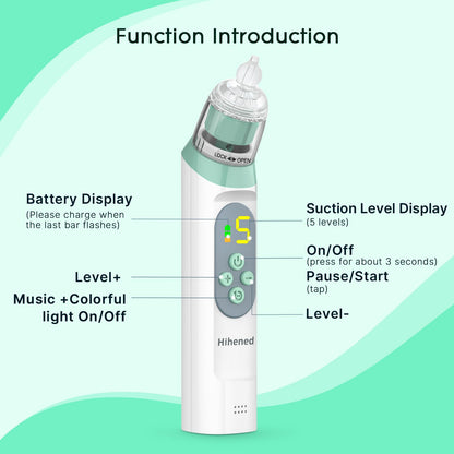 Electric Nasal Aspirator for Baby, Nose Aspirator for Toddlers, Waterproof Baby Nose Sucker, Nose Cleaner with 3 Silicone Tips, Adjustable Suction Level, Music and Light Soothing Function,Green
