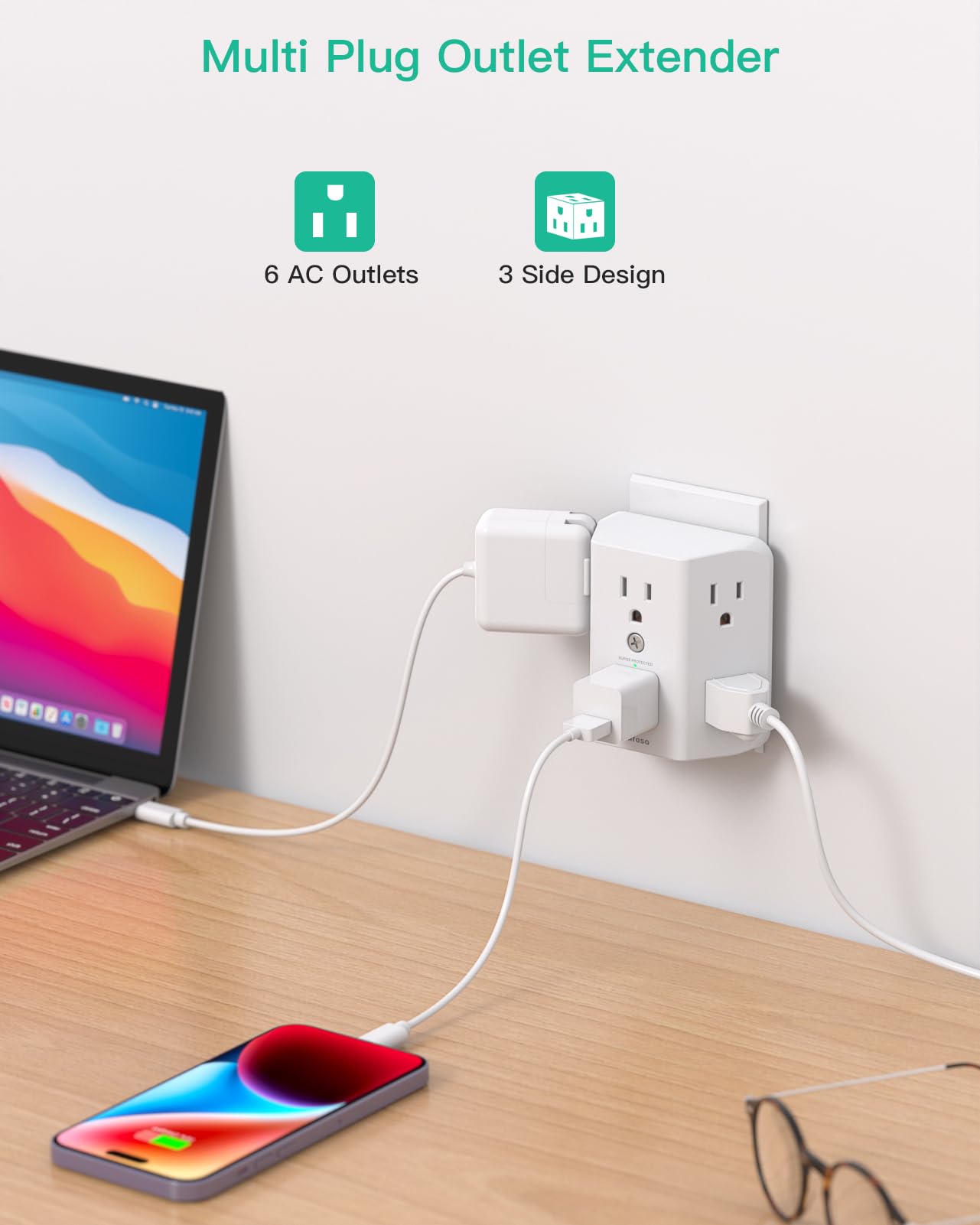 2 Pack Surge Protector Outlet, Outlet Splitter, Multi Plug Wall Outlet with 6 Wall Outlets, Outlet Adapter, Plug Extender, Outlet Extender for Home Office Dorm Room