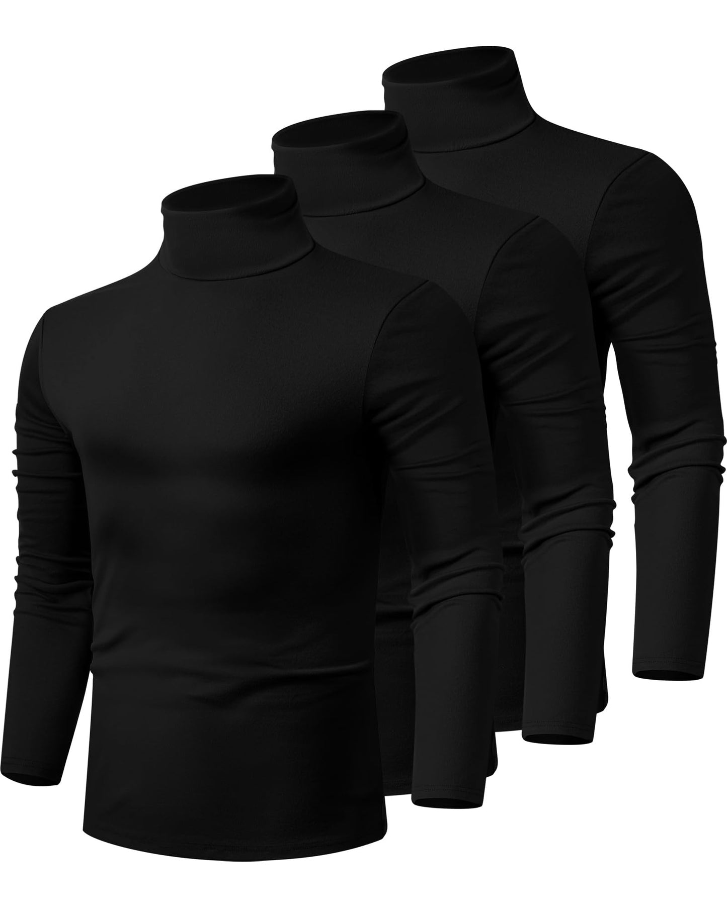 Ficerd 3 Pack Men's Turtleneck Shirts, Long Sleeve Cotton Pullover Sweaters Mock Neck Knitted T Shirt Basic Slim Fit Tee Tops(Black,Large)