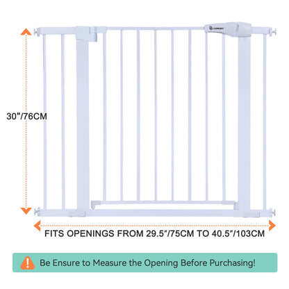 COMOMY 29.5-40.5" Extra Wide Baby Gate, Auto Close Dog Gate for House Doorways Stairs, Pressure Mounted Easy Walk Thru Pet Gate Safety Child Gate, includes 4 Wall Cups and 2 Extension Pieces, White
