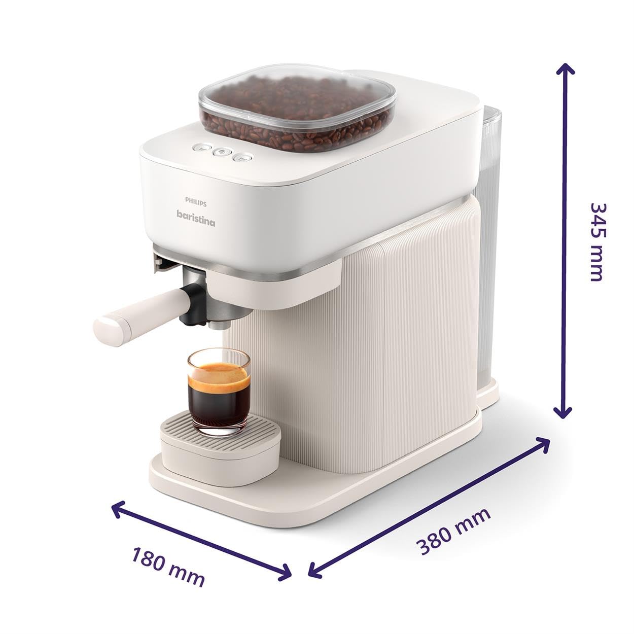 Philips Baristina Espresso Machine+Milk Frother Bundle. Real espresso. Compact coffee machine, portafilter, grinder, Cafe Crema. Dairy & Non-Dairy Milk foam. Hot & Cold. Easy Clean. White (BAR303/00)