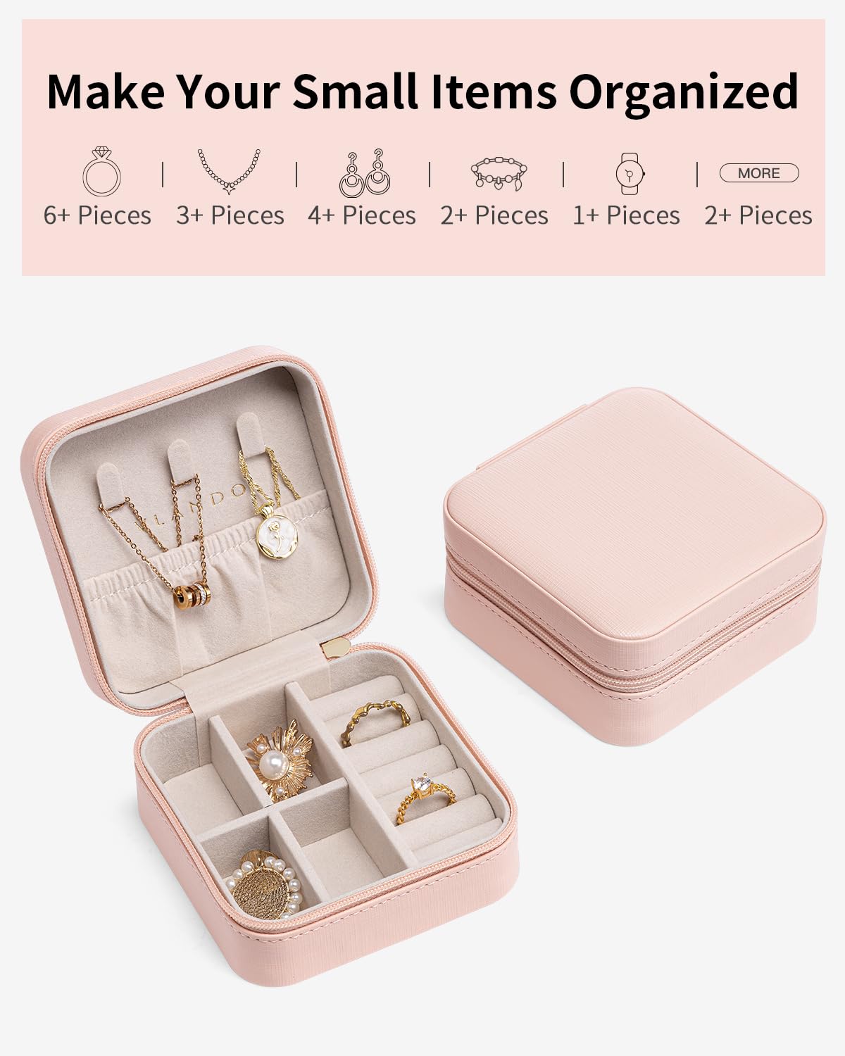 Vlando Travel Jewelry Case - Valentines Day Gifts for Her - Small Jewelry Travel Organizer Box Travel Essentials Gift for Teen Girl Women - Pink