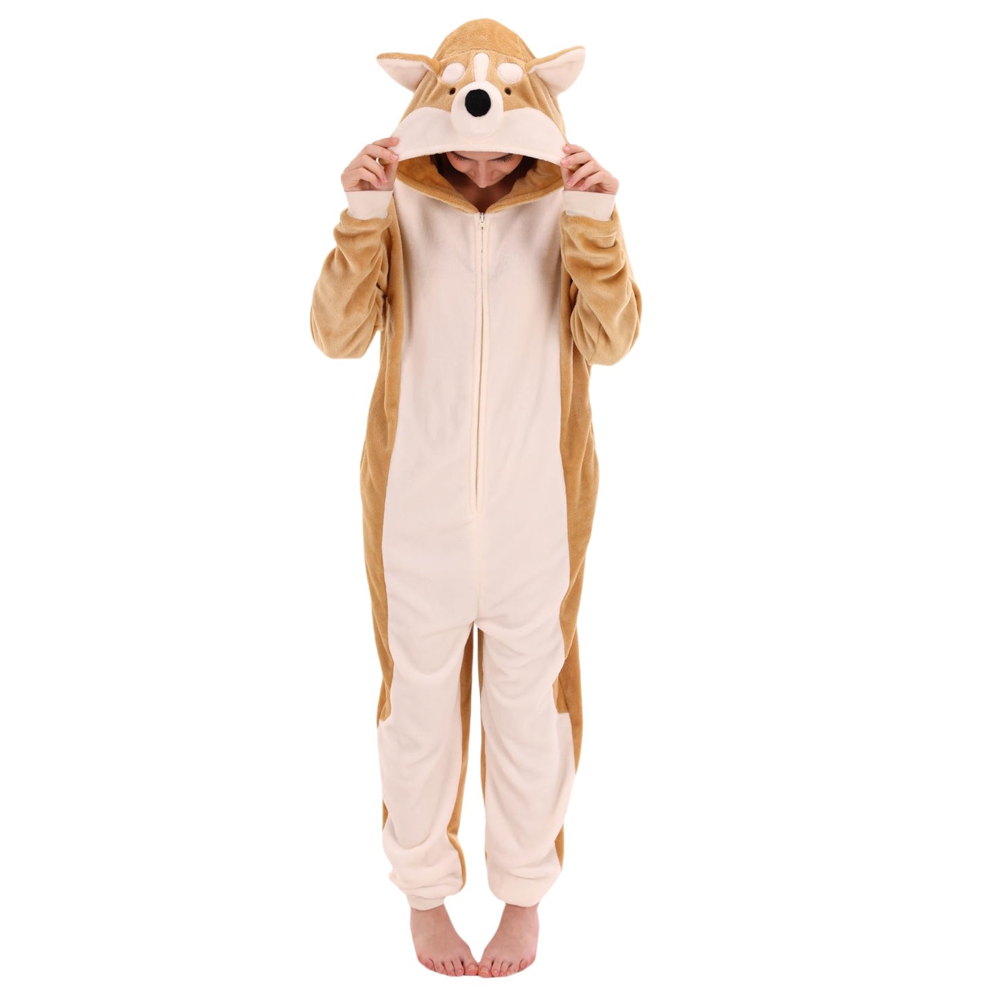 COSUSKET Snug Fit Unisex Adult Onesie Pajamas, Animal Flannel Cosplay Corgi One Piece Halloween Costume Sleepwear Homewear