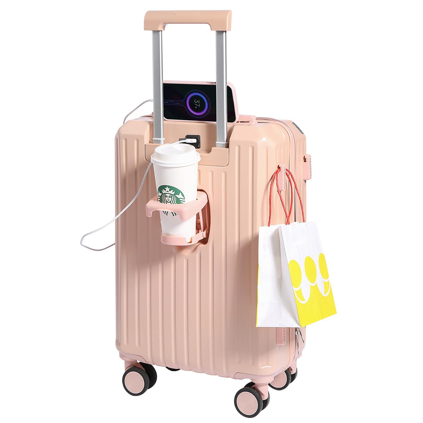 YANQIAO Carry-on Luggage with Cup Holder & USB Charging Port, Hard Side Luggage with Spinner Wheels, Lightweight Luggage for Travel, Business, School (Pink, Carry-On 20-Inch)