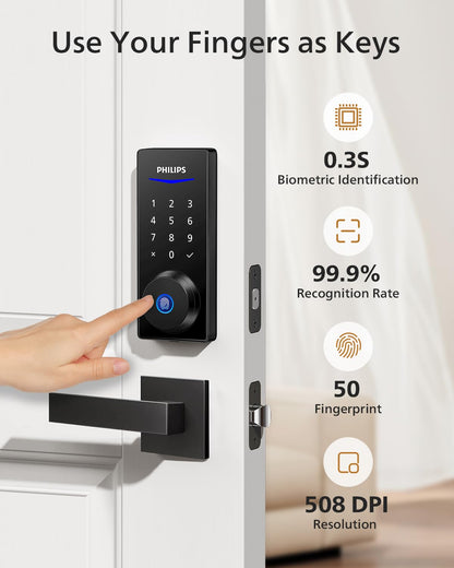 Philips Smart Lock with Handles, Keyless Entry Door Lock Set, Smart Door Lock with 2 Level Handles, Digital Keypad Deadbolt for Front Door, App Unlock, Fingerprint Unlock, PIN Code Unlock, Auto Lock