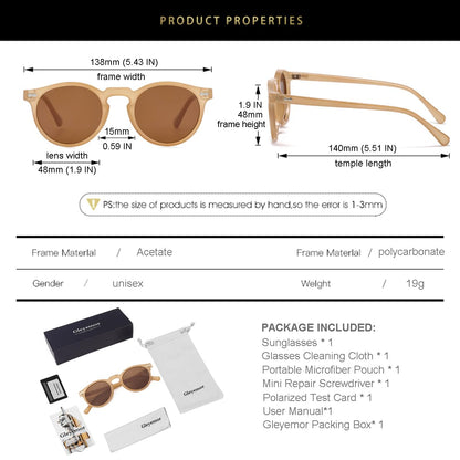 Gleyemor Vintage Polarized Sunglasses for Men UV400 Protection Retro Round Sunglasses Hand-crafted Acetate Frame (Champagne Frame/Brown Lens)