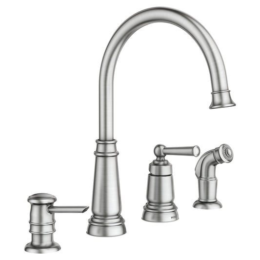Moen Edison Spot Resist Stainless One-Handle High Arc 4-hole Kitchen Faucet with Side Sprayer and Soap Dispenser, 87042SRS